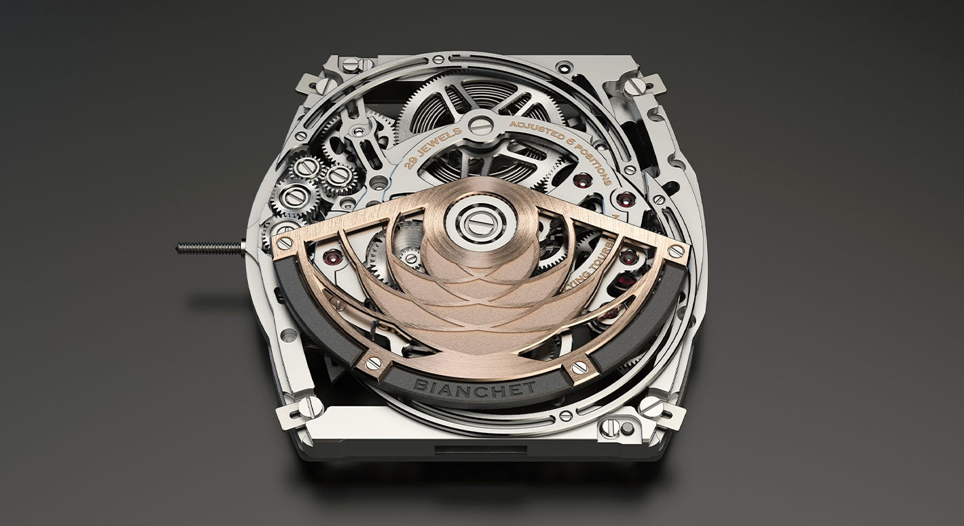 The image shows an intricate watch movement with exposed gears and a prominent rose gold rotor, engraved with "BIANCHET," set against a dark background.
